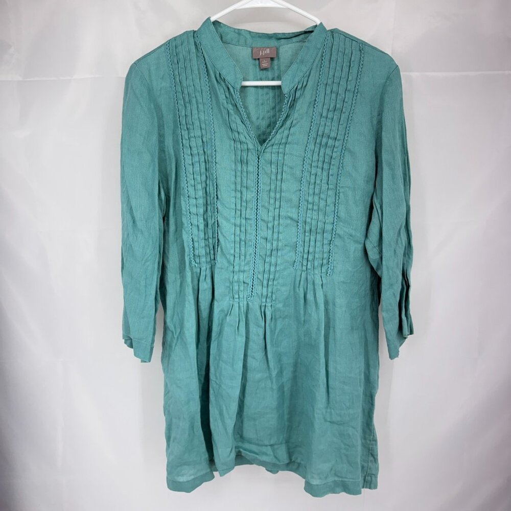 Jill Women LP Linen Tunic Shirt Teal 3/4 Sleeve V Neck Pleats Breathable Blouse